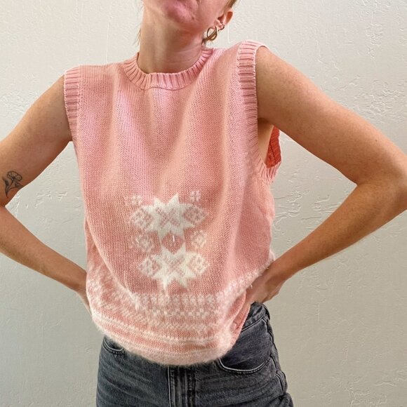 Vintage Pink 100% Wool Snowflake Sweater Vest - Picture 2 of 5